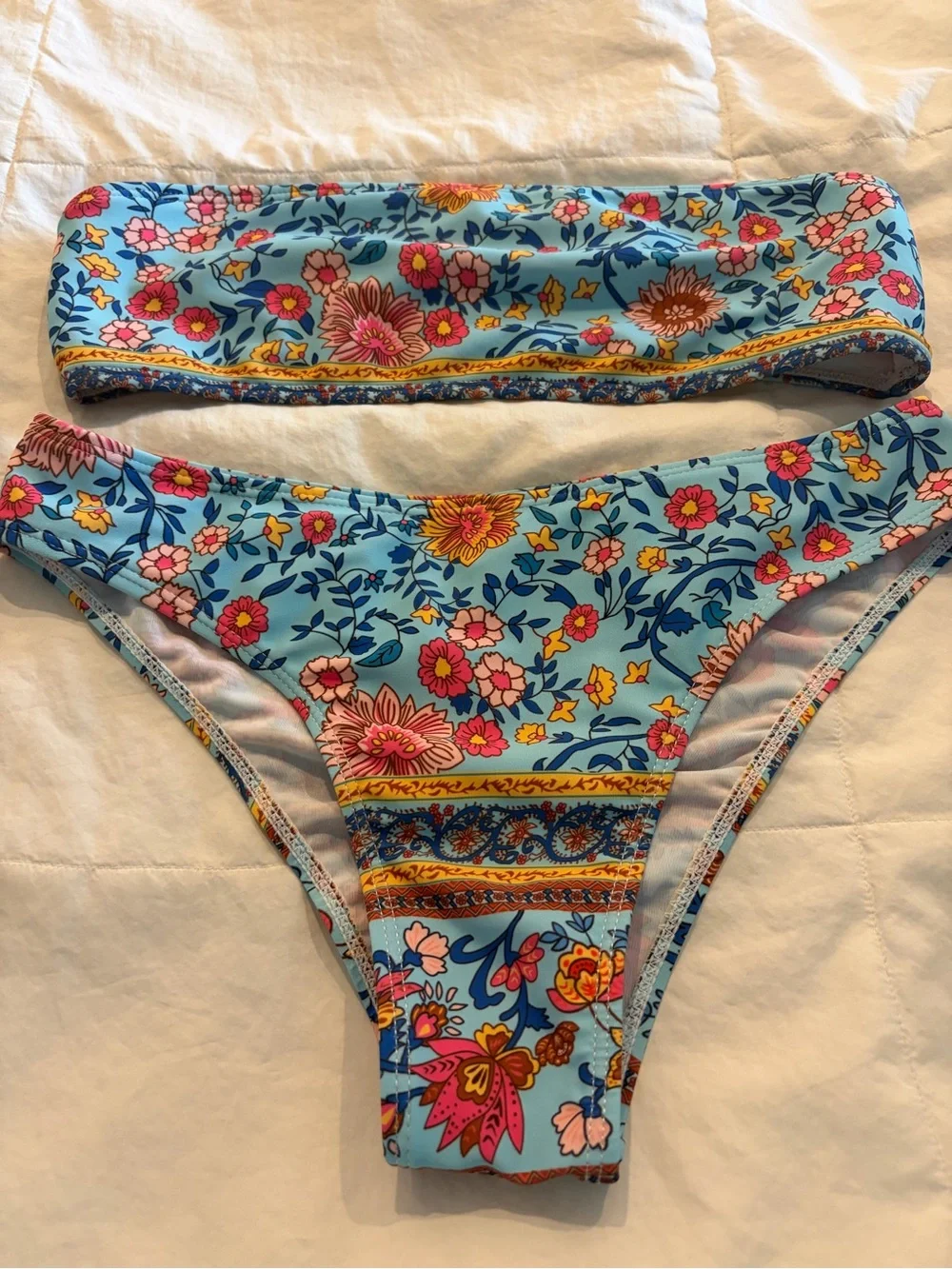 Floral Bandeau Bikini Set with Matching Sheer Robe - Blue Multi